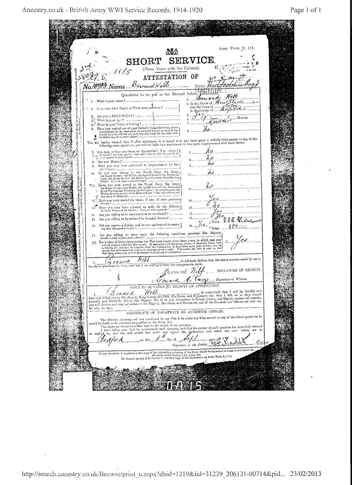 Bernard Vincent Webb Attestation Paper