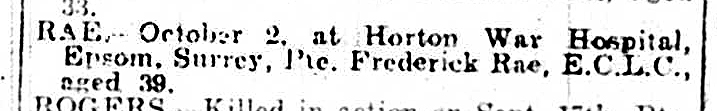 Frederick Rae death notice in Luton News10-10-1918