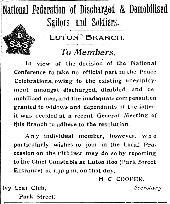 DS&S advert re Peace Celebrations